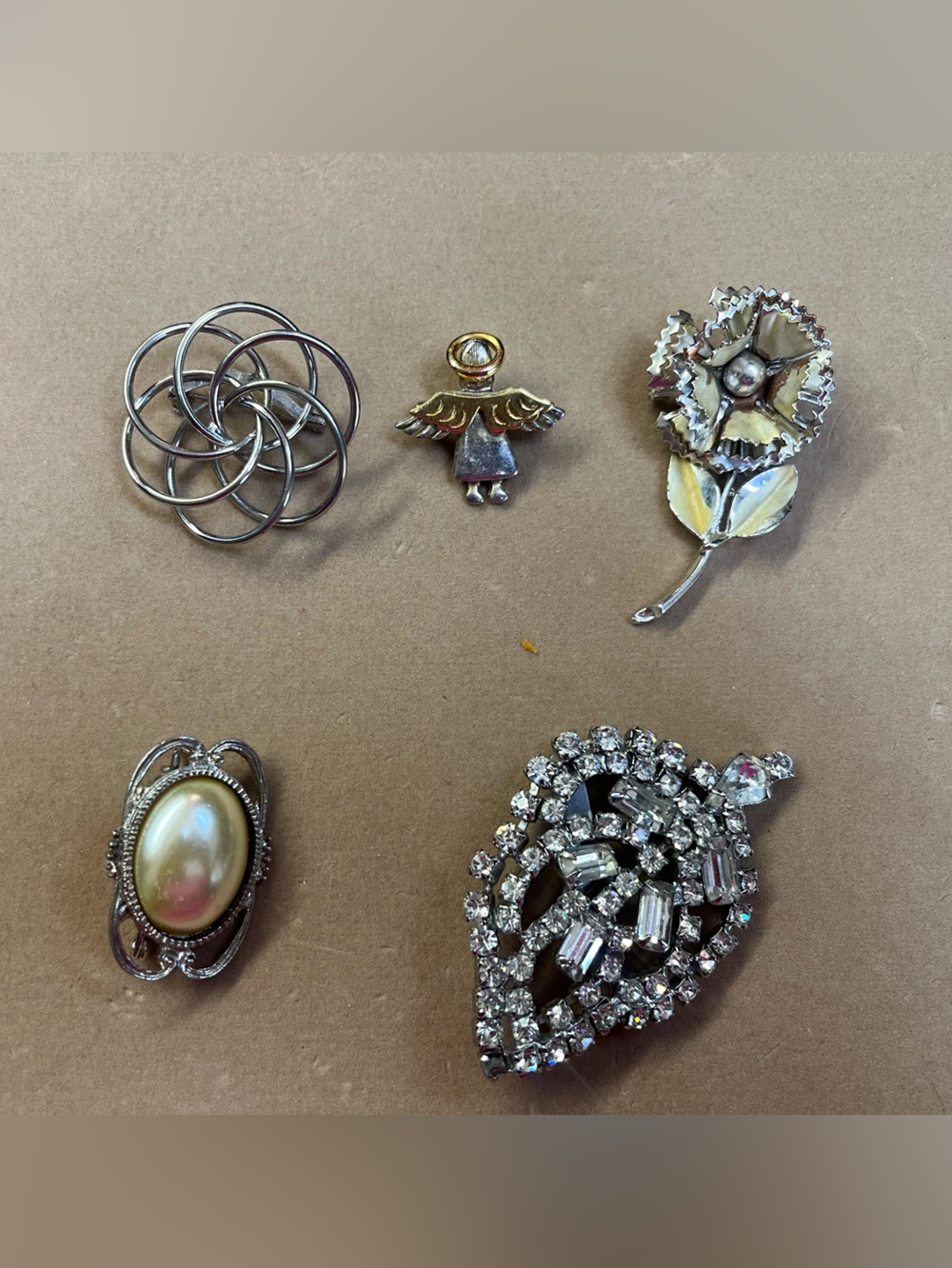 Vintage Brooch Lot Rhinestone Pearl Flower Angel Silver Tone Pins 5 Pc